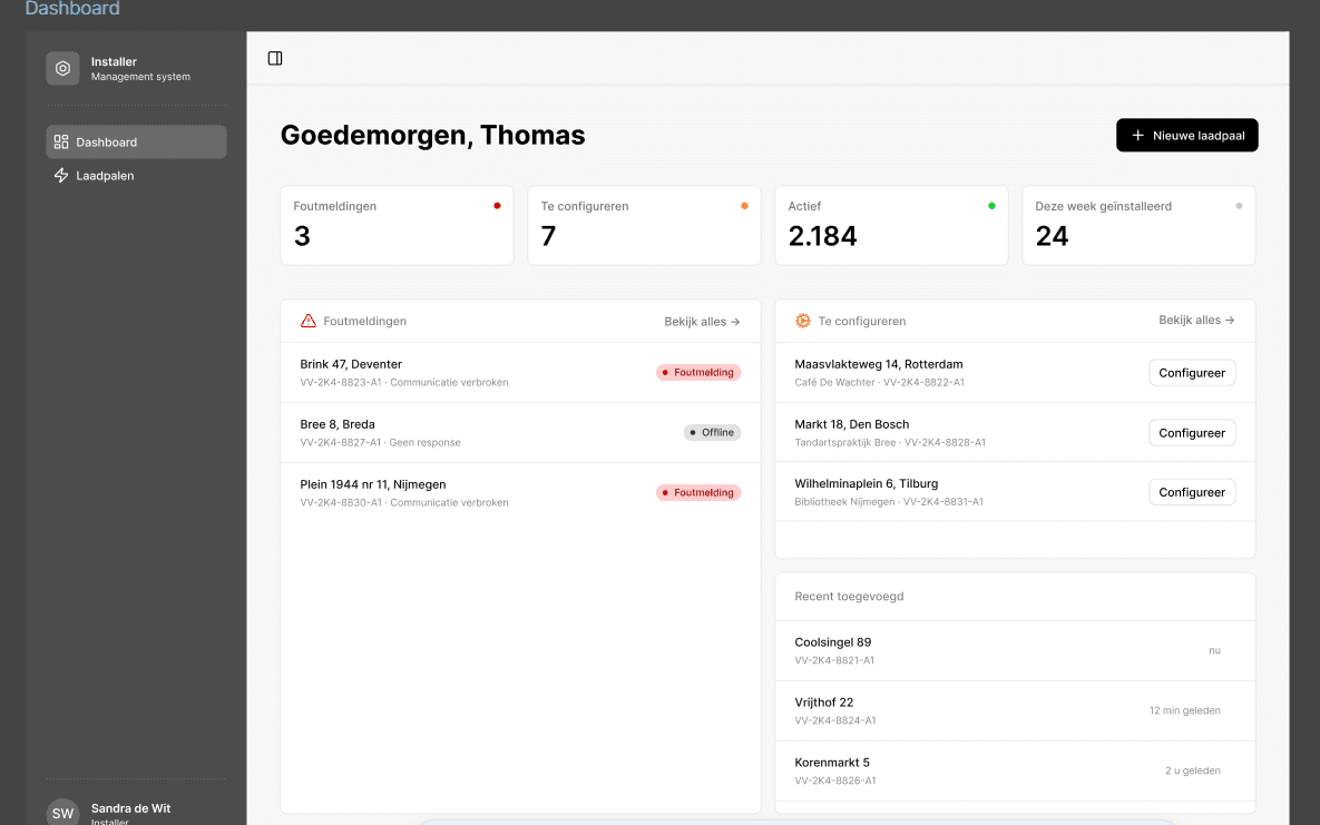 ihomer Laadbeheer dashboard: 2.184 actieve laadpalen met foutmeldingen per locatie en te-configureren workflow